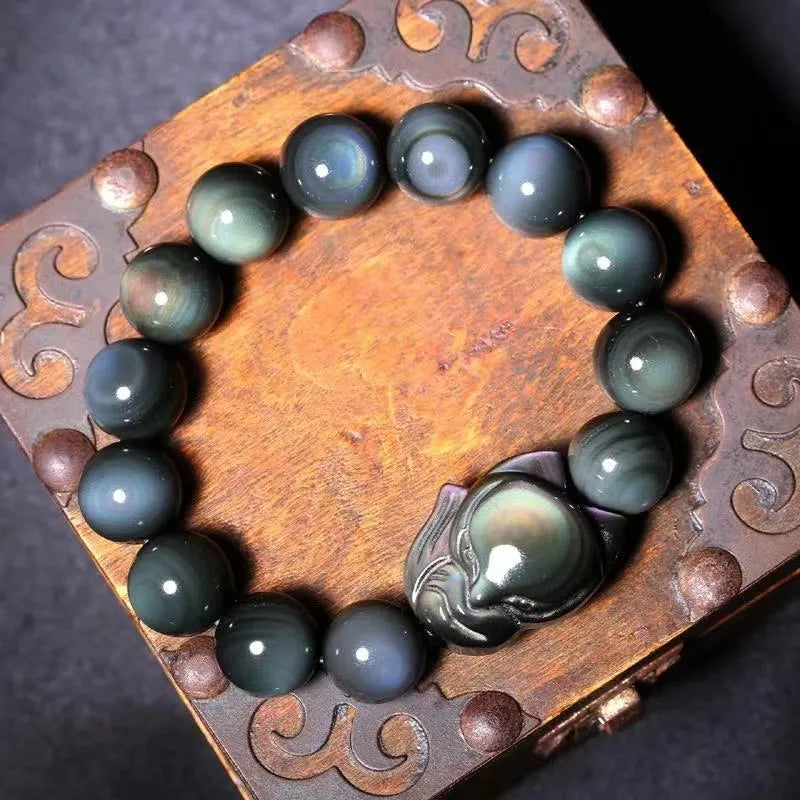 Obsidian gemstone couple bracelet with carved fox charm in three size options