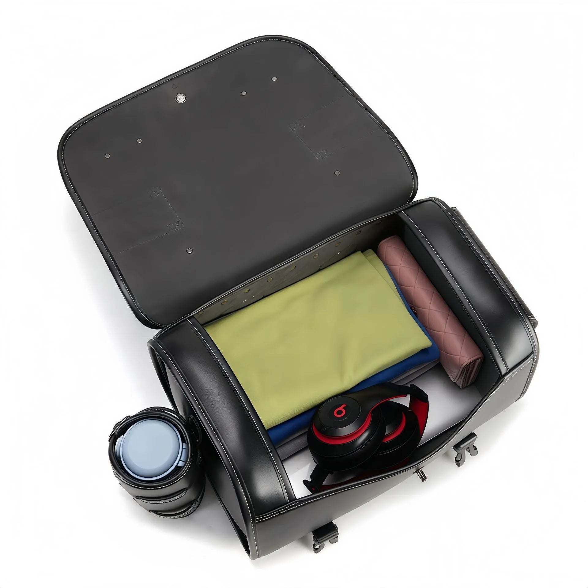 Motorcycle side bag with coded lock in dark punk style mounted on bike