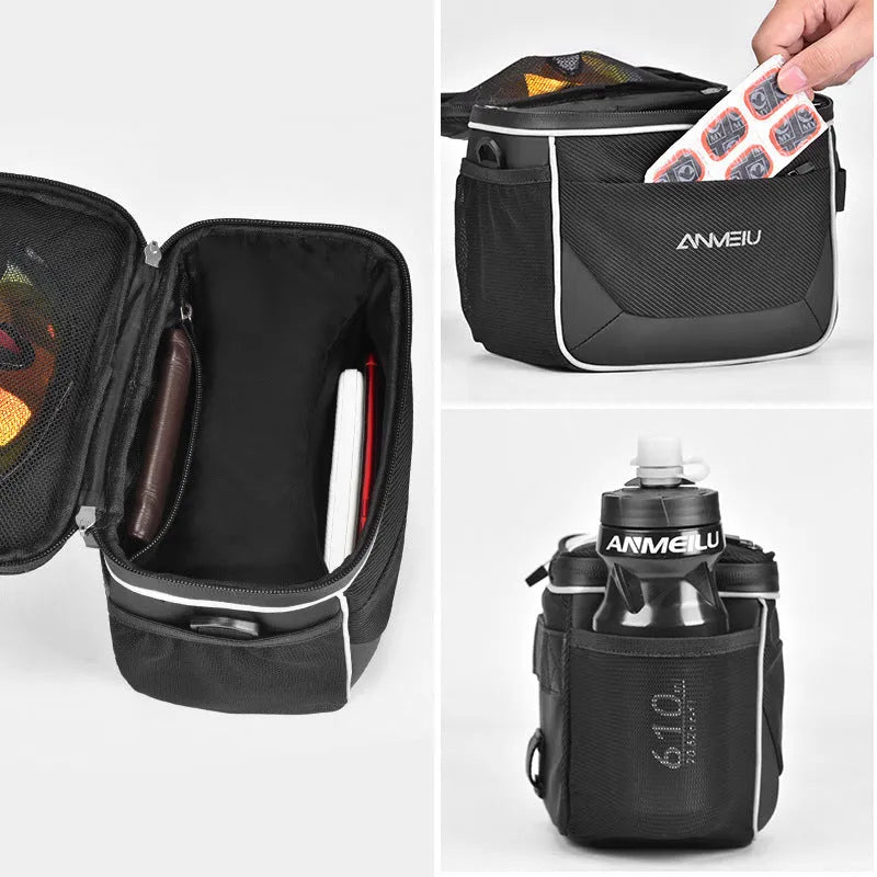 Black folding bicycle handlebar bag with hanging loop, shown attached to bike bars.
