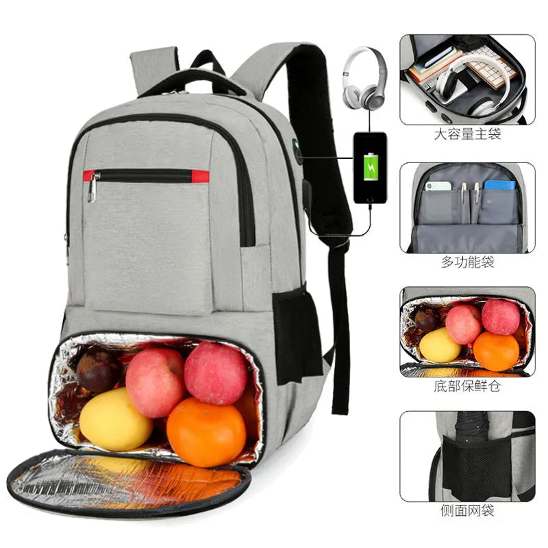 Light grey insulated Oxford cloth backpack with curved shoulder straps, shown with its pull rod belt accessory.