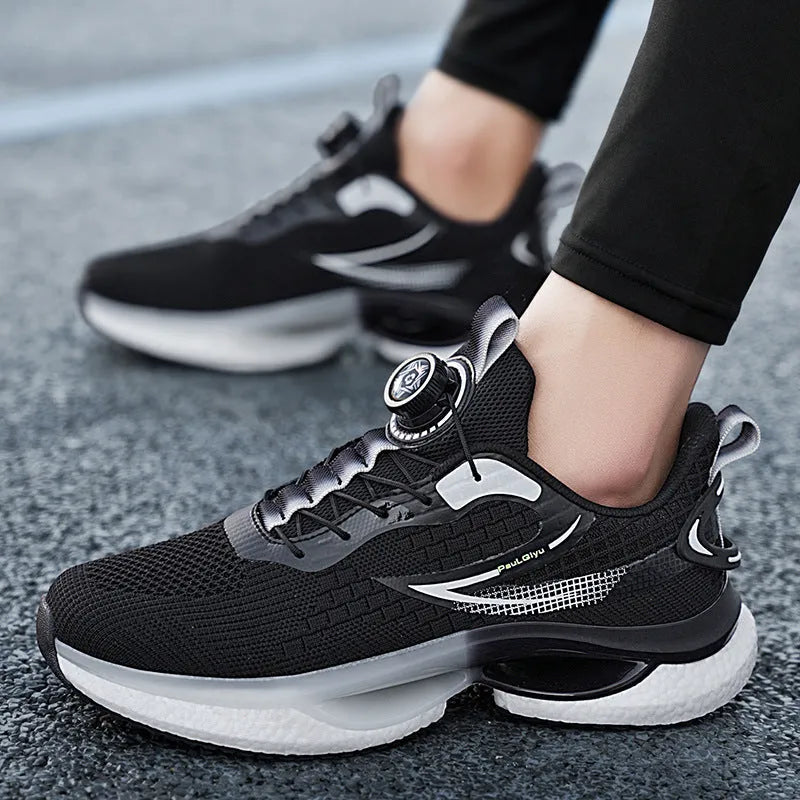 Korean style men's running shoes with rotating buckle in beige colour showing mesh upper details