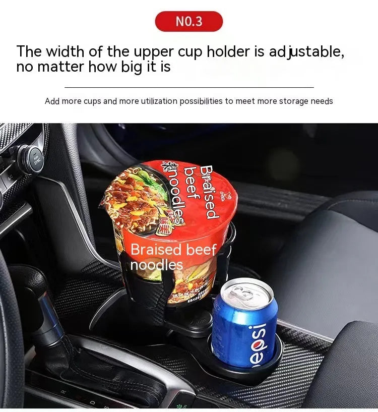 Double-layer rotating car cup holder with black ribbon sponge box showing top and bottom storage sections