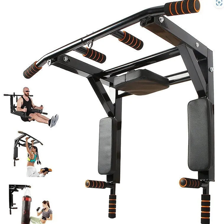 Black steel single parallel bars pull-up bar and sandbag rack mounted on a wall.