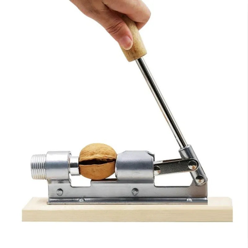 Mechanical walnut cracker with wood handle and aluminium parts, hand-crank design