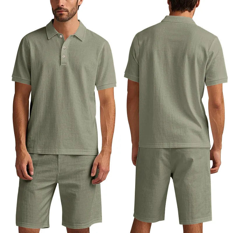 Men's light grey linen-blend short sleeve shirt and matching shorts for summer casual wear.