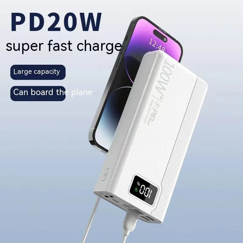 Large capacity power bank in black or white with fast charging support, multiple capacity options