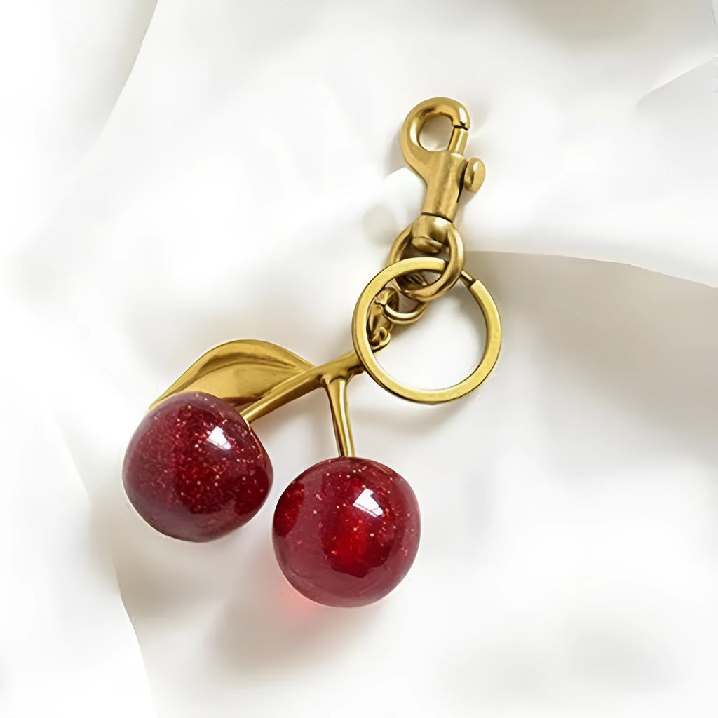 Three-dimensional cherry pendant key ring in zinc alloy with red or pink colour options