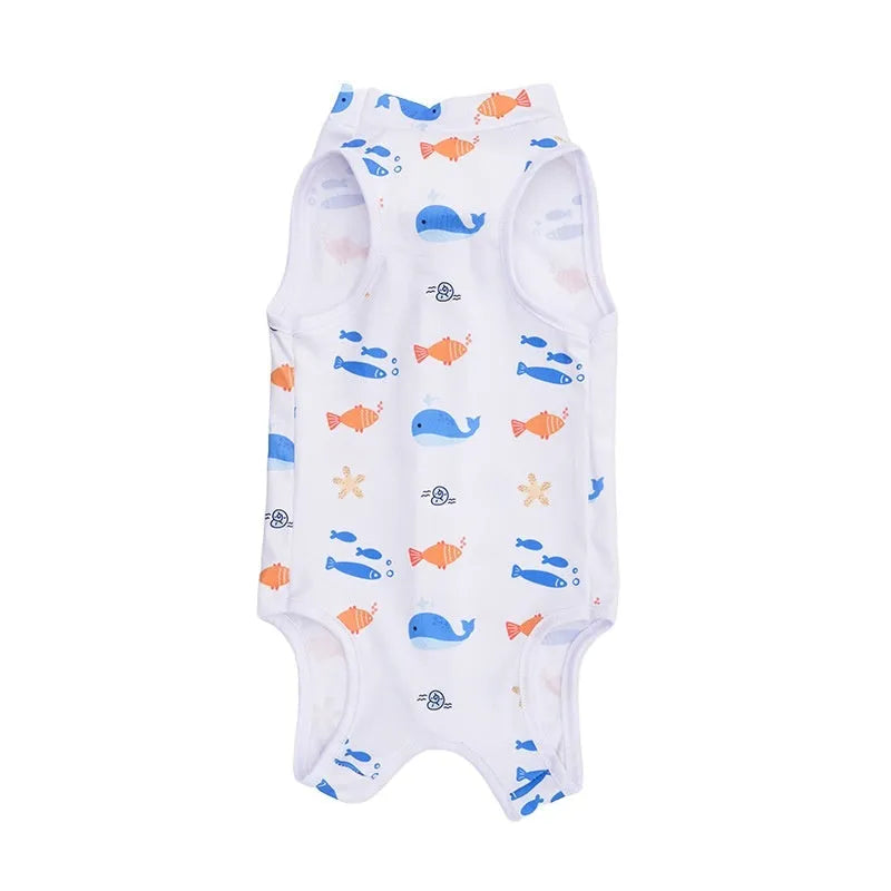 Adjustable velcro cat sterilisation recovery suit in a printed colour design, sizes S M L XL.