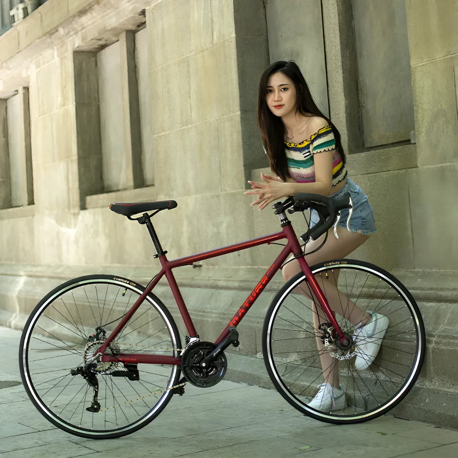 Aluminium alloy road bike with flat handlebar, 48cm frame, matted blue colour
