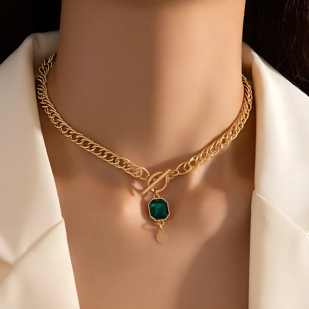 Gold titanium steel pendant necklace with emerald zircon stone and Cuban link chain