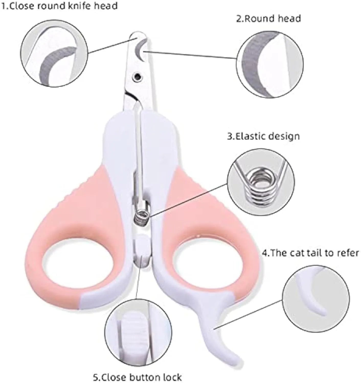 Grey and pink cat nail clippers with a safety guard and angled stainless steel blade.