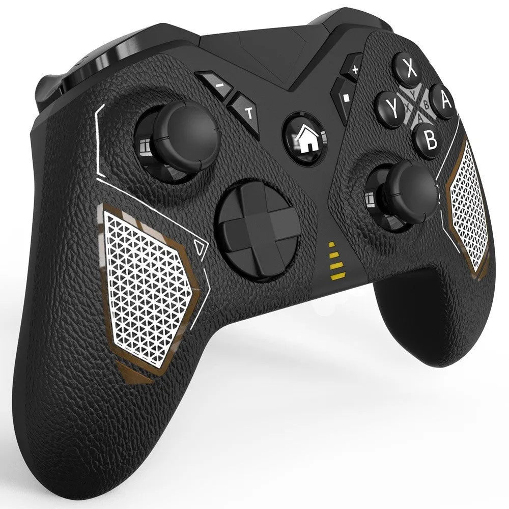 Black wireless game controller with textured leather-grip pattern on handles, shown front and back.