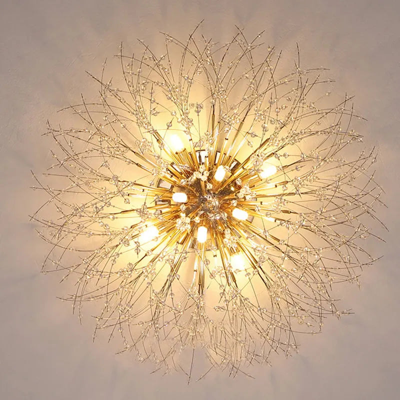 Dandelion pattern crystal ceiling lamp with wrought iron frame and chrome finish