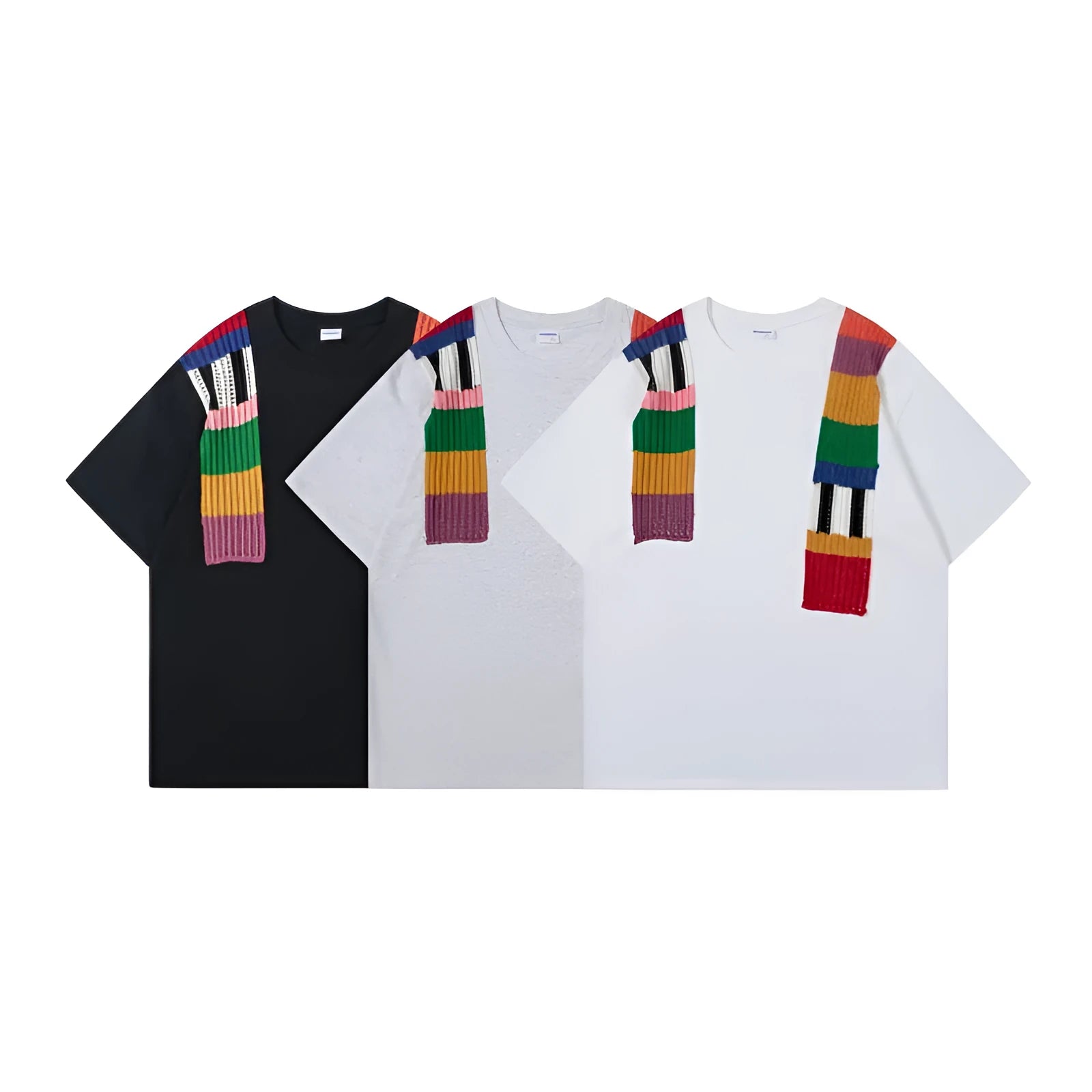 Cotton pullover top with colour contrast patchwork design showing letter patterns, loose fit with short sleeves