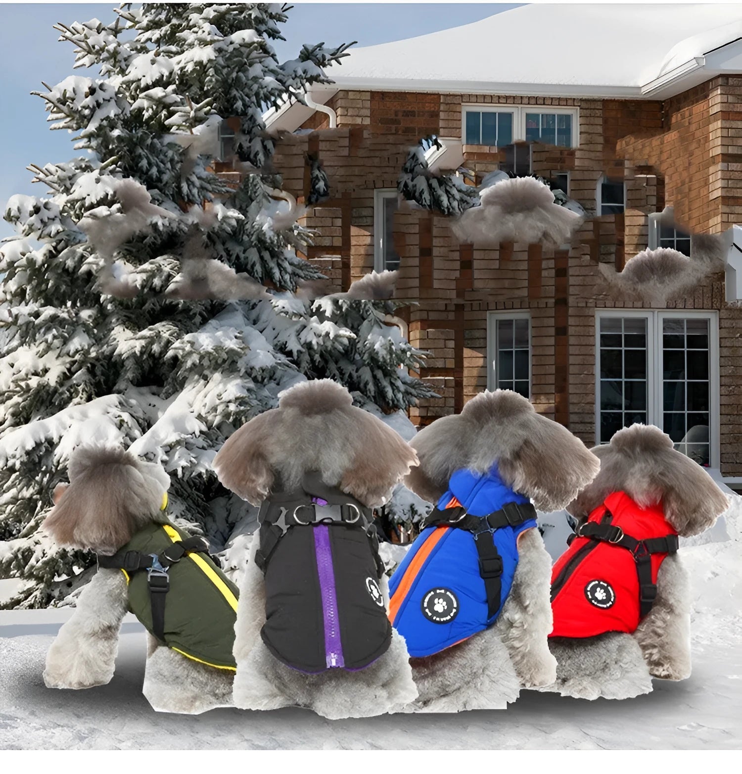 Chest strap dog winter jacket in blue, showing padded interior and adjustable strap.