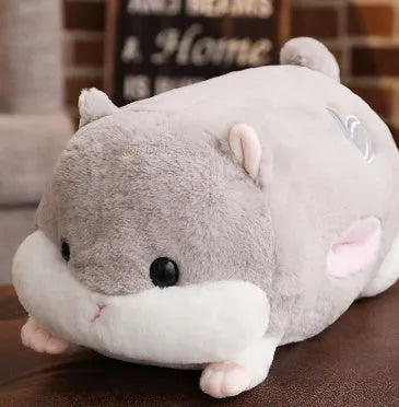 Cute hamster pillow made from cotton filled with PP cotton, available in 50cm, 70cm, and 90cm sizes in brown, grey, light brown, and pink.