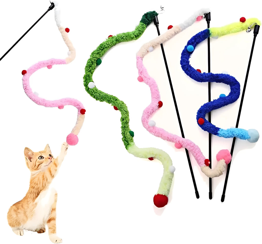 41cm cat wand toy with 60cm plush strip, colourful fluffy ball and bell for interactive play