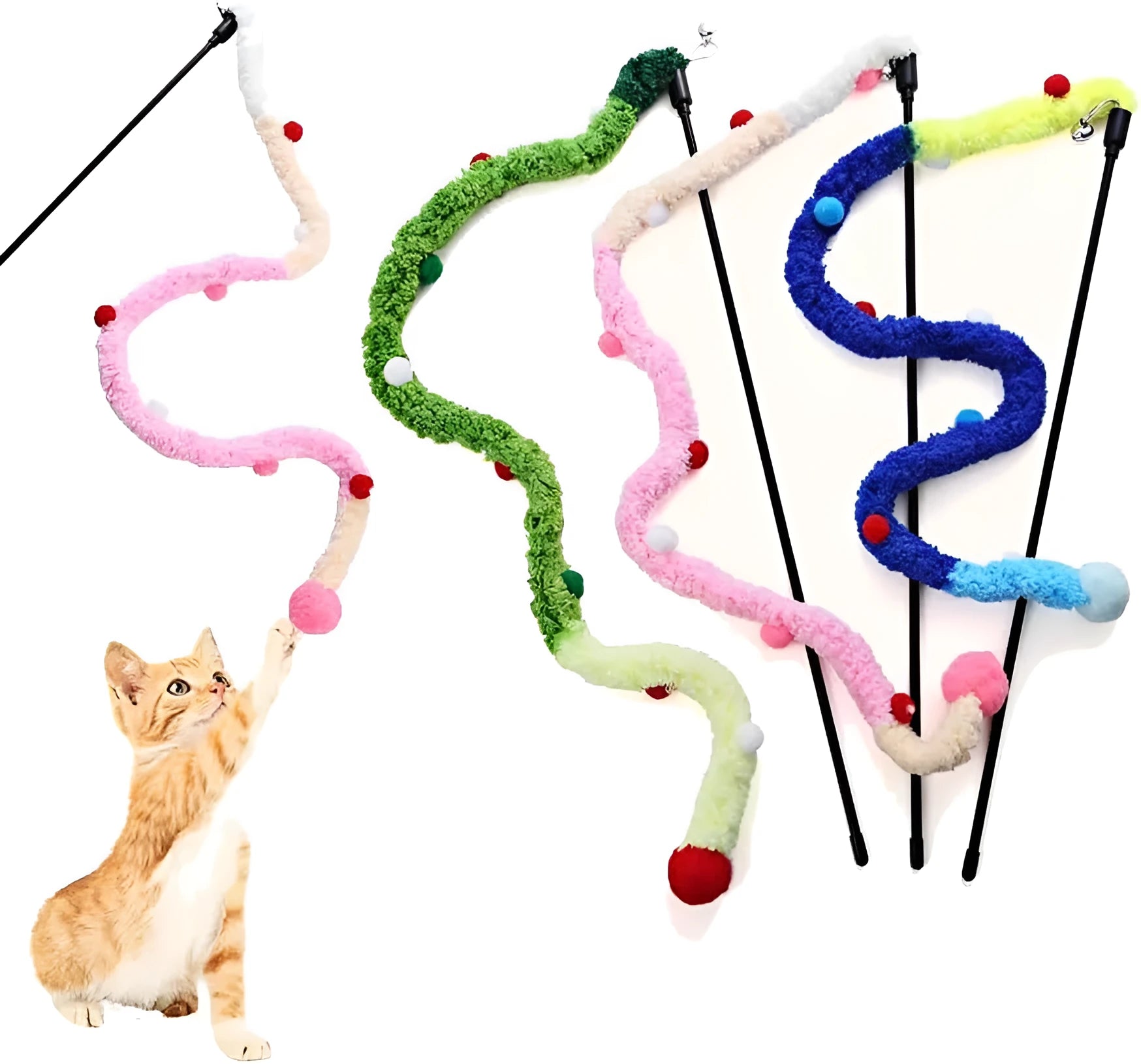 41cm cat wand toy with 60cm plush strip, colourful fluffy ball and bell for interactive play
