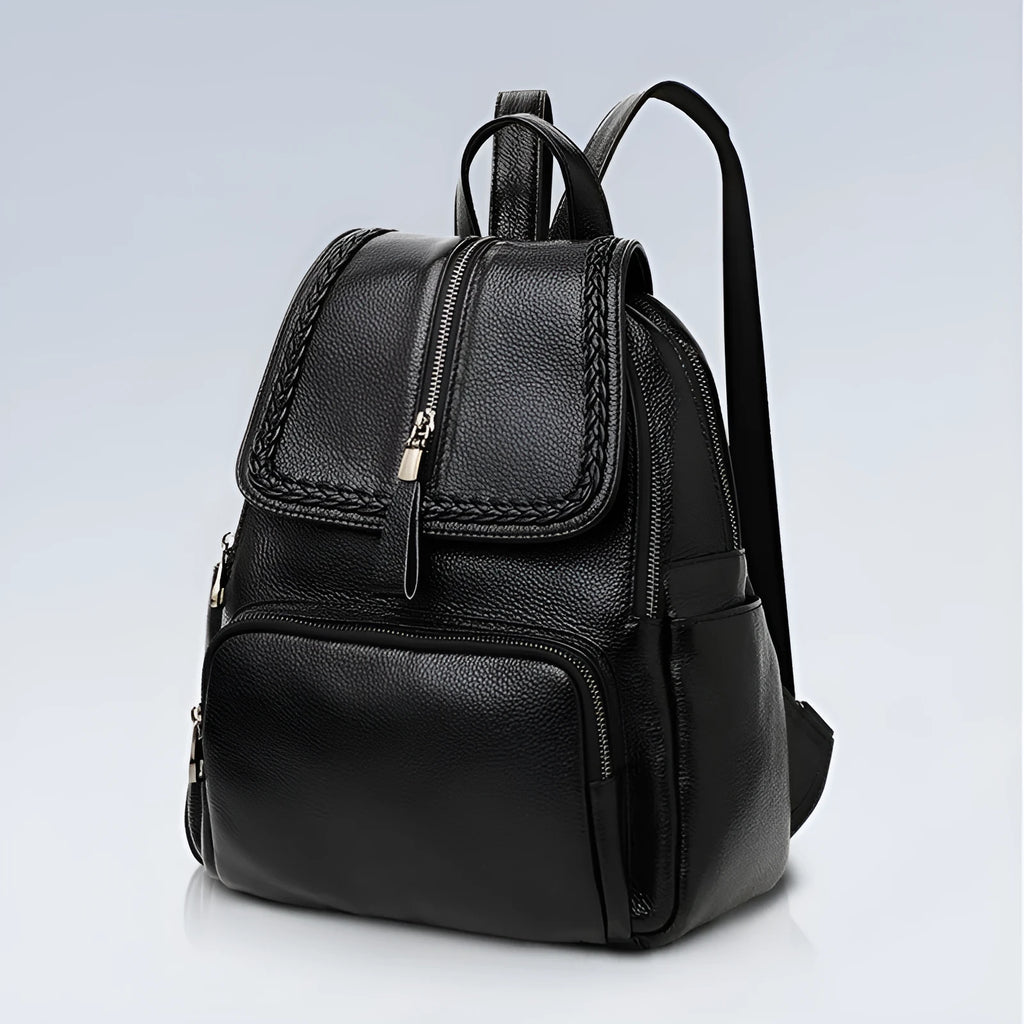 Women's genuine leather backpack in blue colour showing street trend style and internal organisation compartments