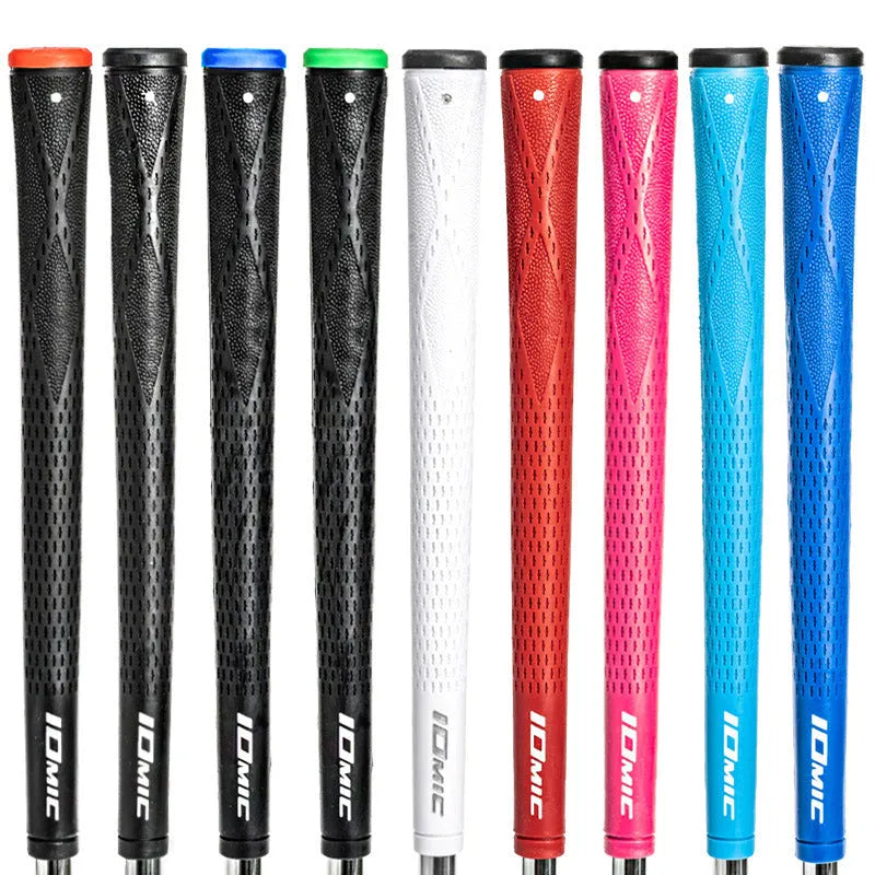 TPE golf grip in multiple colours including pink, blue, and black with red head on a club shaft