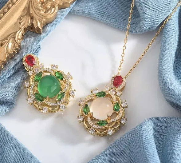 S925 sterling silver inlaid chrysoprase agate necklace with geometric pendant