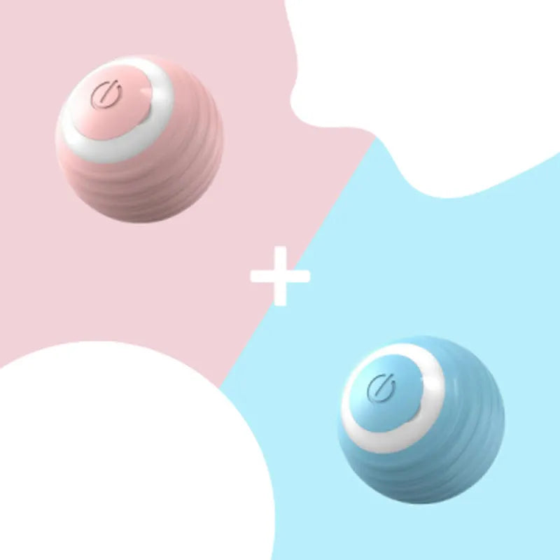 Blue and pink automatic rechargeable moving ball cat toy on a floor.