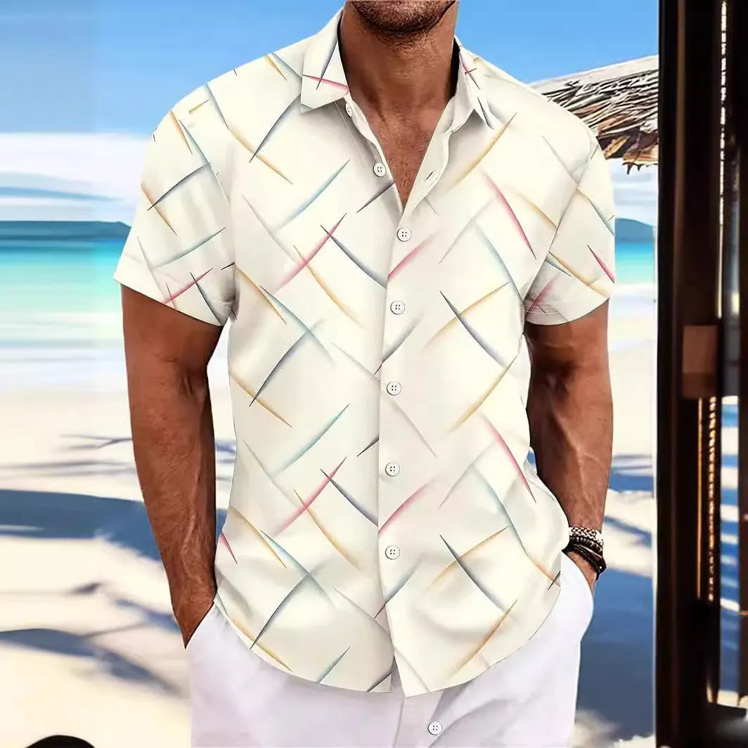 Men's casual beach button shirt with striped feather pattern, short sleeves, and loose fit in peacock blue colour