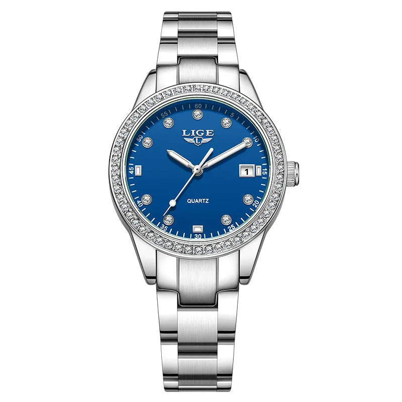 Fashion quartz watch with diamond-encrusted stainless steel case and silver-blue dial.