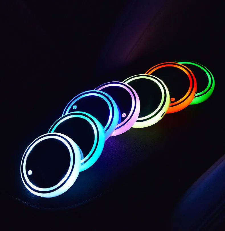 Colourful LED light-up coaster for car cup holder with 7 changeable colours and USB cable.
