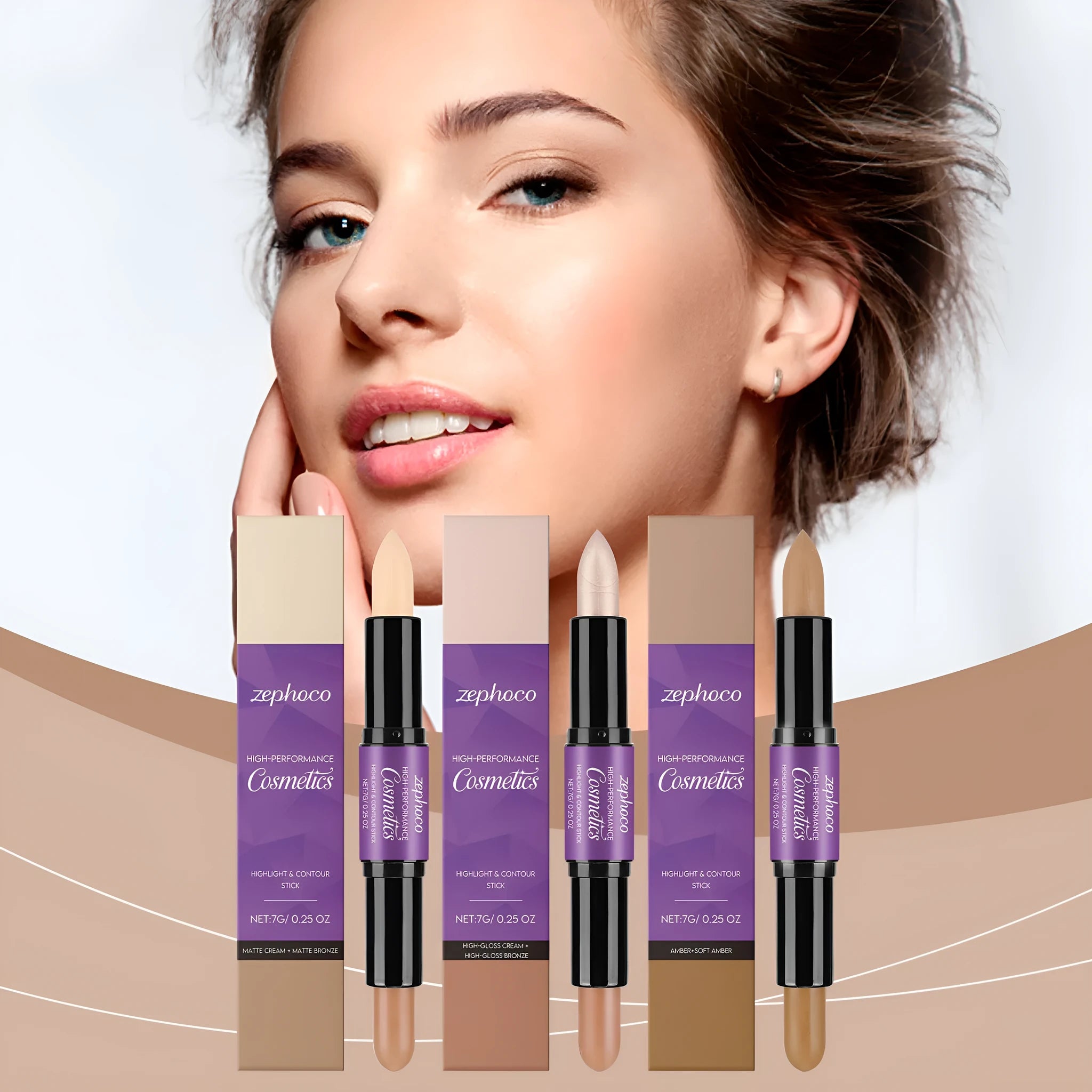 ZEPHOCO 2-in-1 cream highlighter and contour grooming stick set in matte, amber, or high gloss bronze.