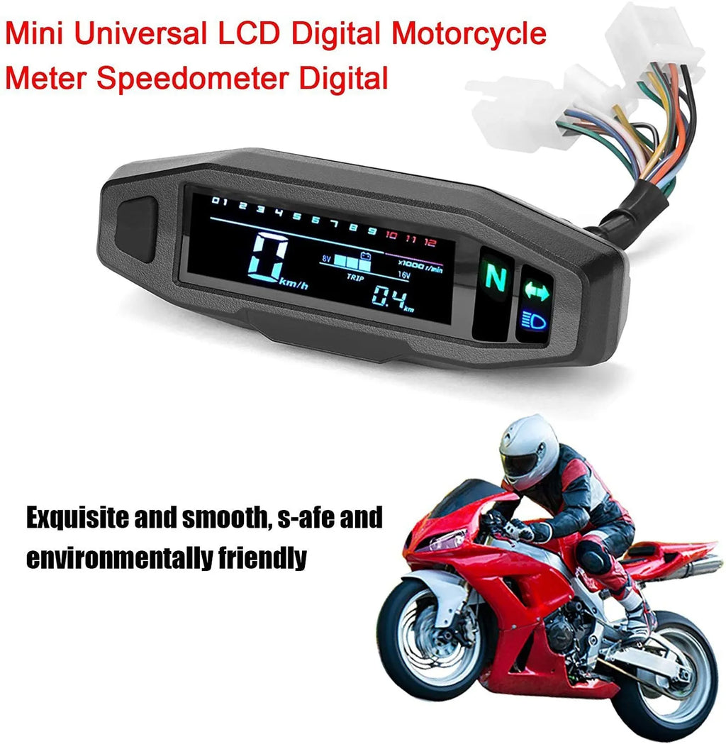 Black motorcycle mini LCD speedometer and oil gauge with white backlight display.