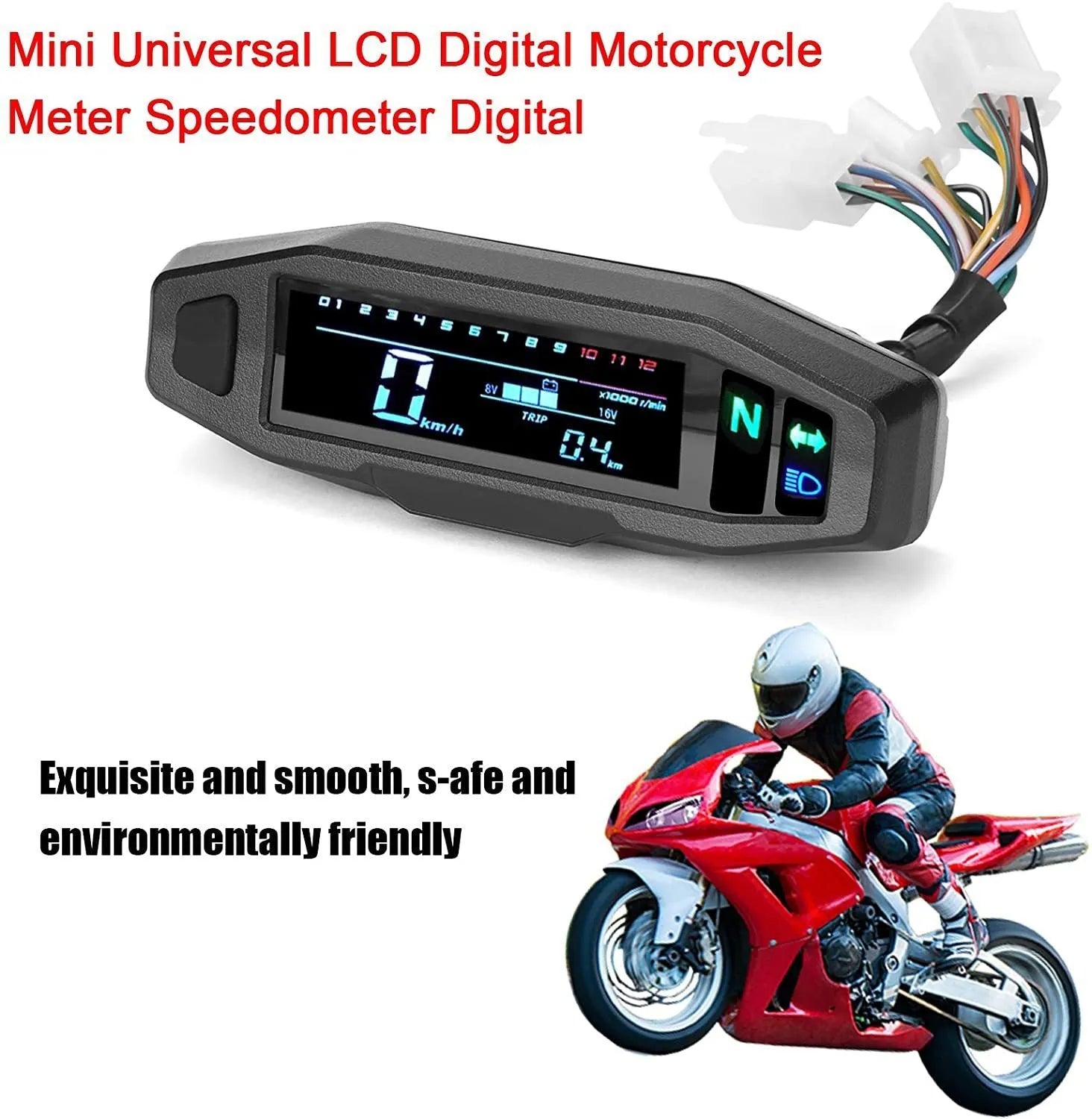 Black motorcycle mini LCD speedometer and oil gauge with white backlight display.