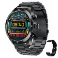 Black smart watch with zinc alloy body on a silicone strap, showing a display with call and heart rate information.