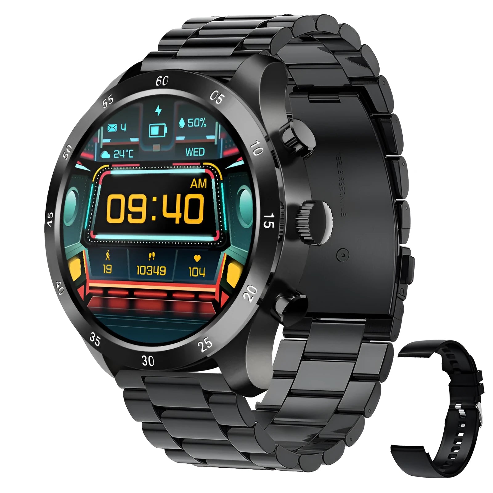 Black smart watch with zinc alloy body on a silicone strap, showing a display with call and heart rate information.