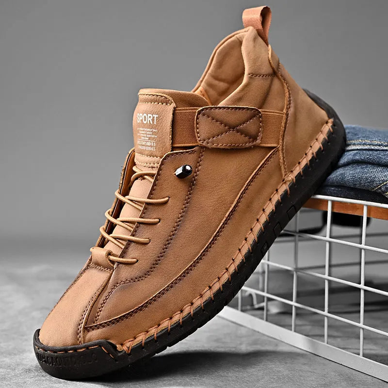 Men's mid-calf Martin boot in khaki with stitching detail on a rubber sole.