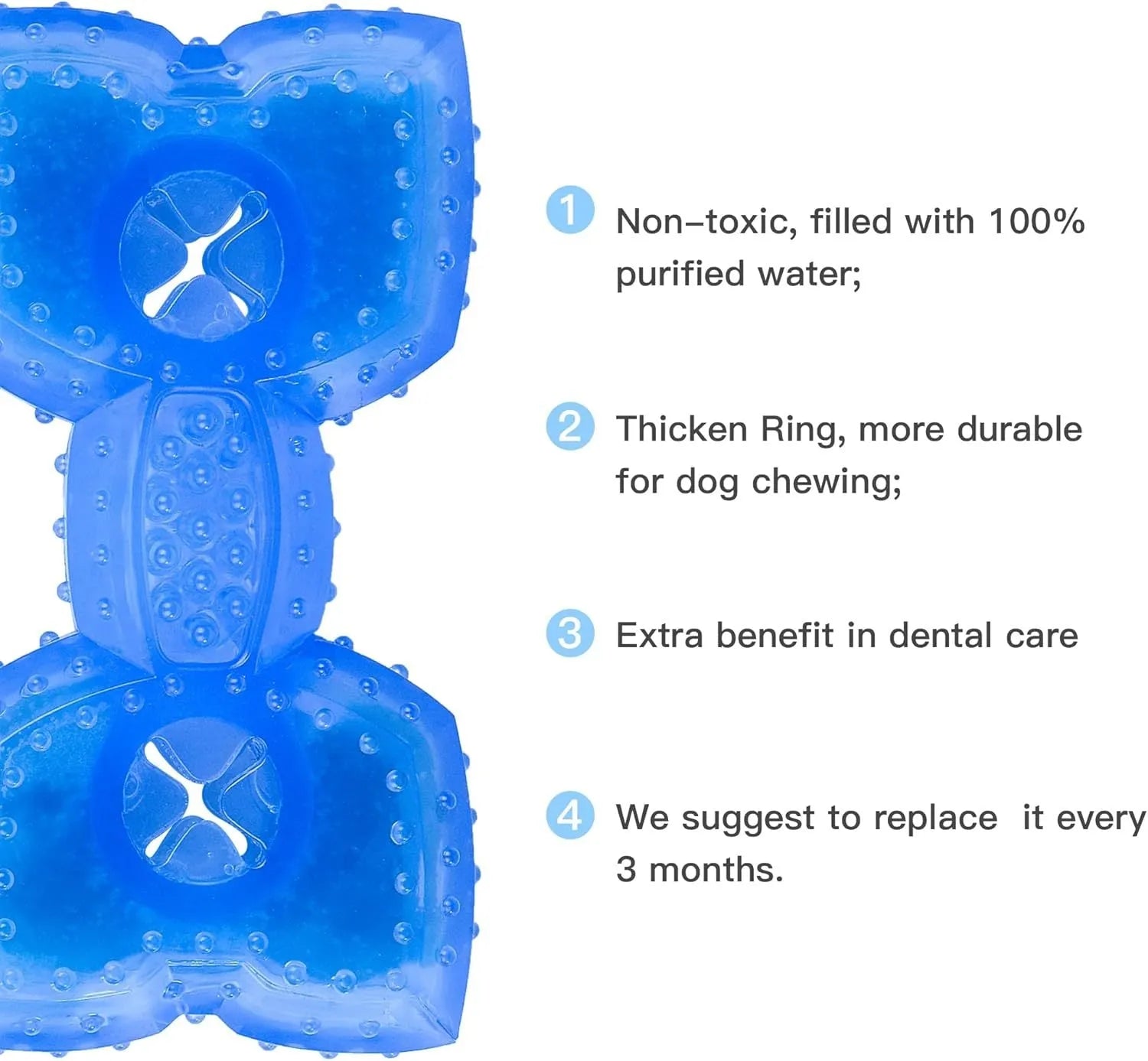 Freezable bone and circle shaped dog chew toys for cooling and teething relief.