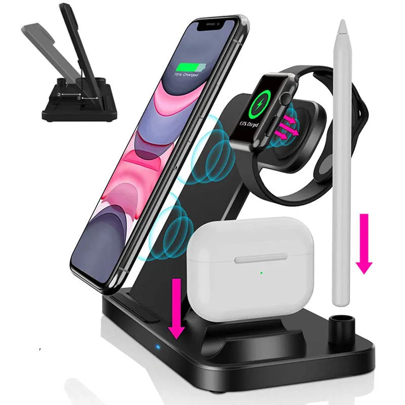 Folding 4-in-1 wireless charger in space grey, charging an iPhone, Apple Watch, and Apple Pencil.