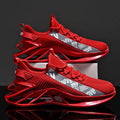 Men's fly woven mesh casual sports shoes with embroidery details in black, red, white, or blue colours