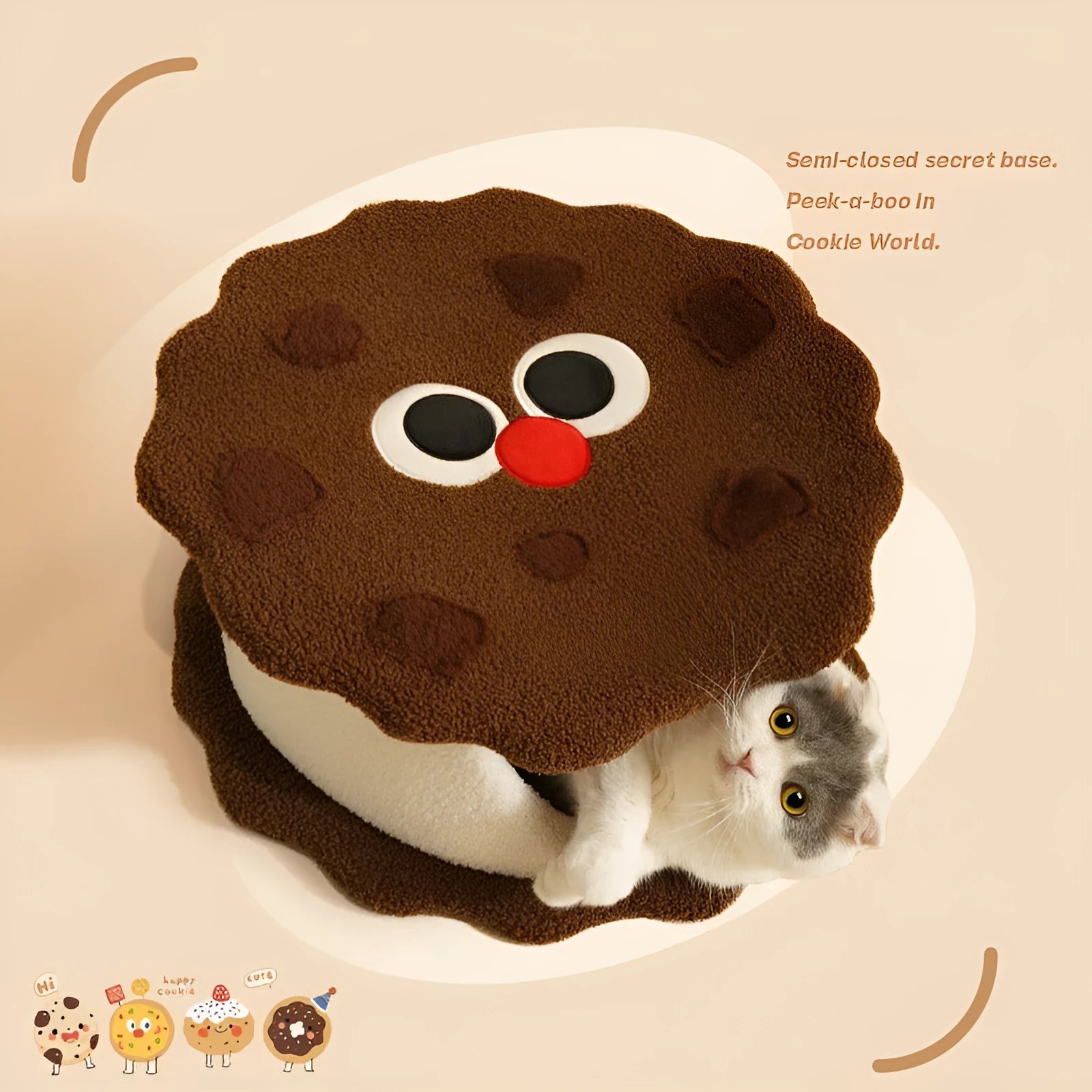 Khaki coloured enclosed cat house shaped like a sandwich cookie nest with a single entry.