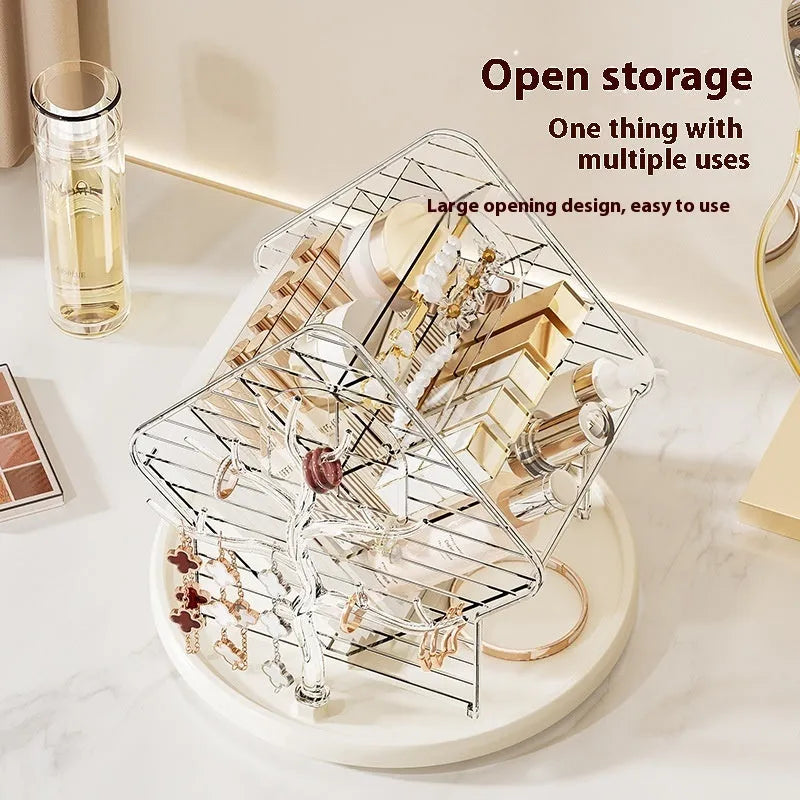 Clear and amber gold rotating plastic cosmetics storage box on a flat surface