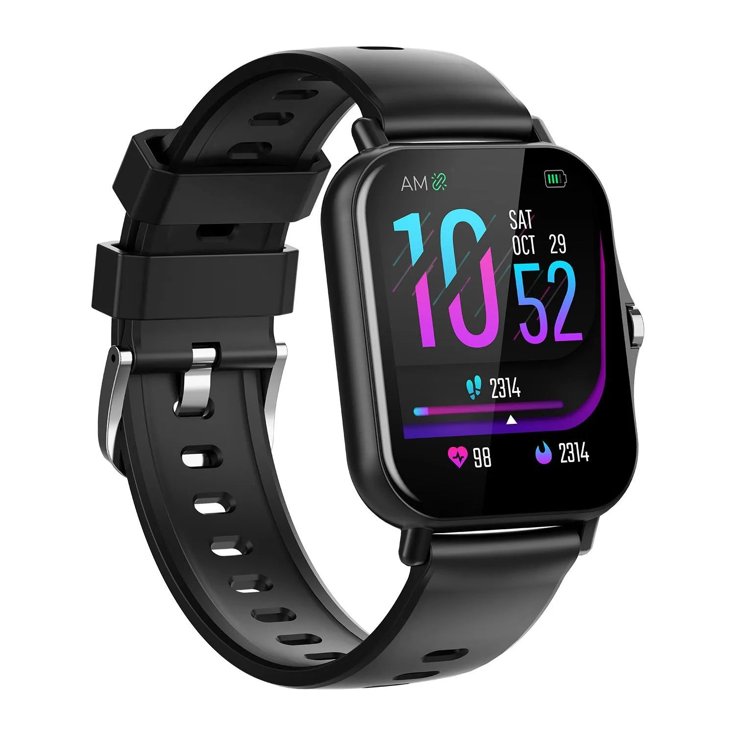 A black Bluetooth smart watch with a curved touch screen displaying a heart rate reading on the wrist.