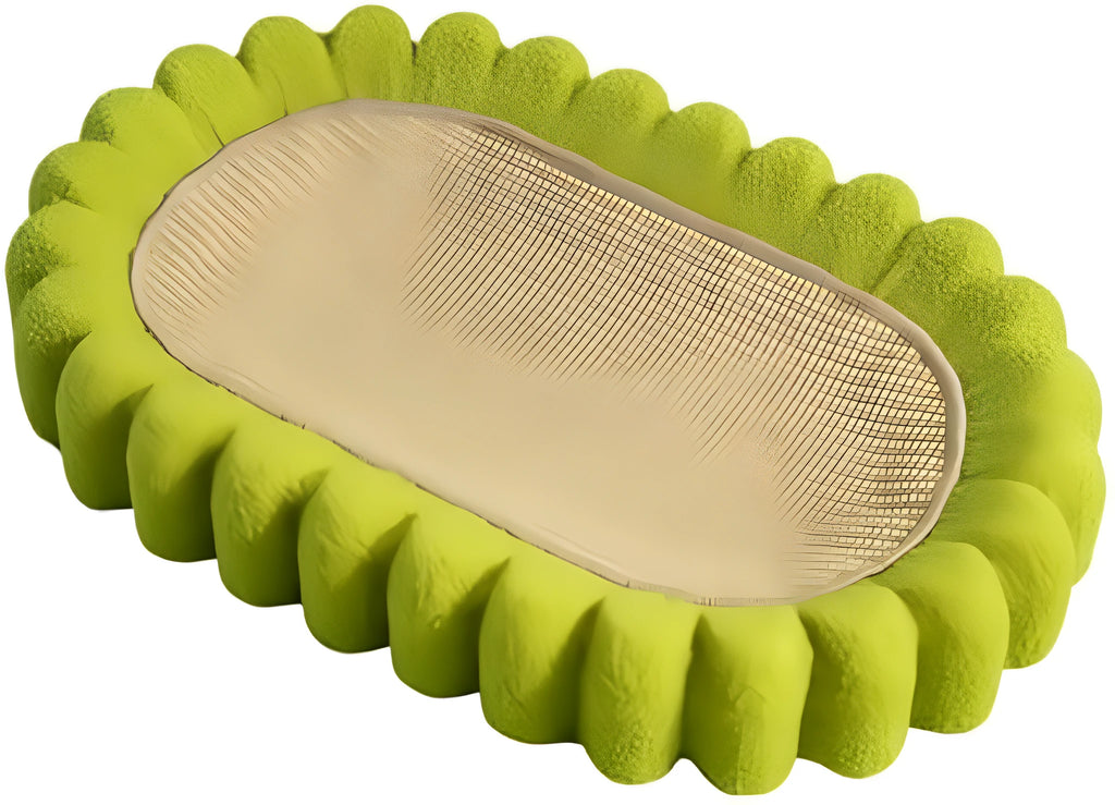 Green oval cat scratch pad bowl with sisal surface measuring 65cm
