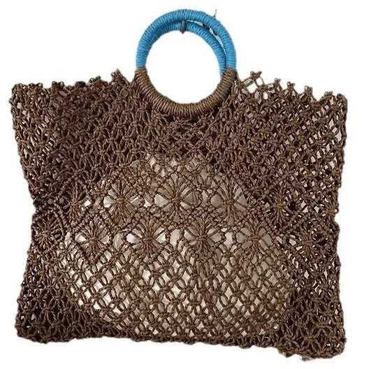 Dark brown handmade straw tote bag with square vertical shape and sandwich pocket design