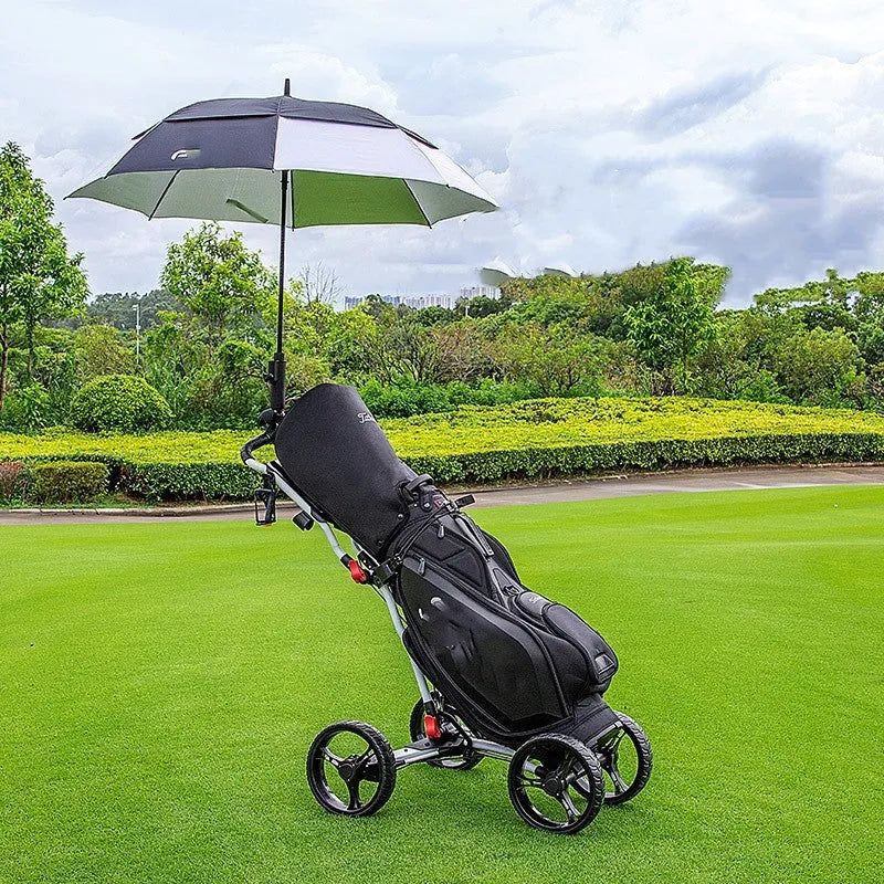 Four-wheel foldable aluminium alloy golf trolley with umbrella rack in black expanded view