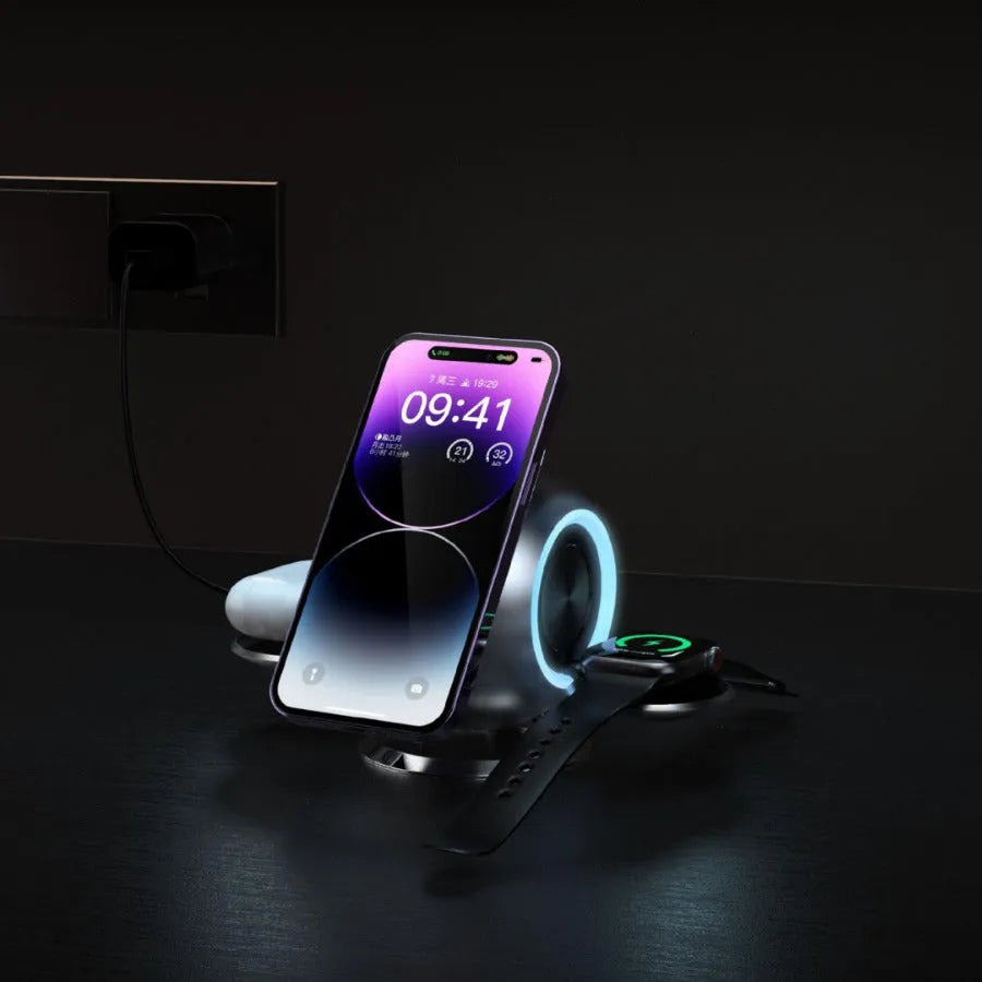 White spherical ambience light vertical magnetic wireless charger with LED glow on desk, 18W QC3.0