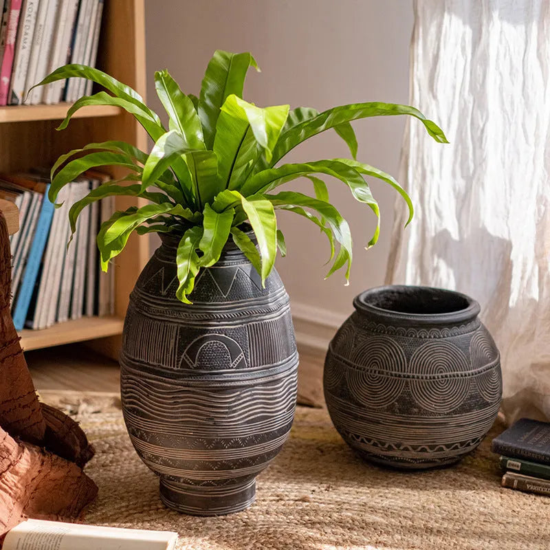 Medium cement flower pot with African ancient pot design and bottom drainage holes