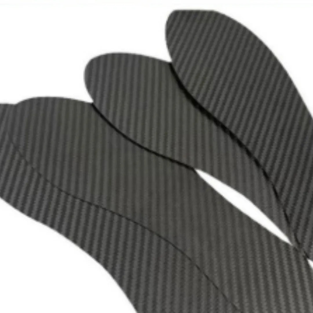 Black 3K carbon fibre running insoles showing full palm design for shock absorption in athletic footwear
