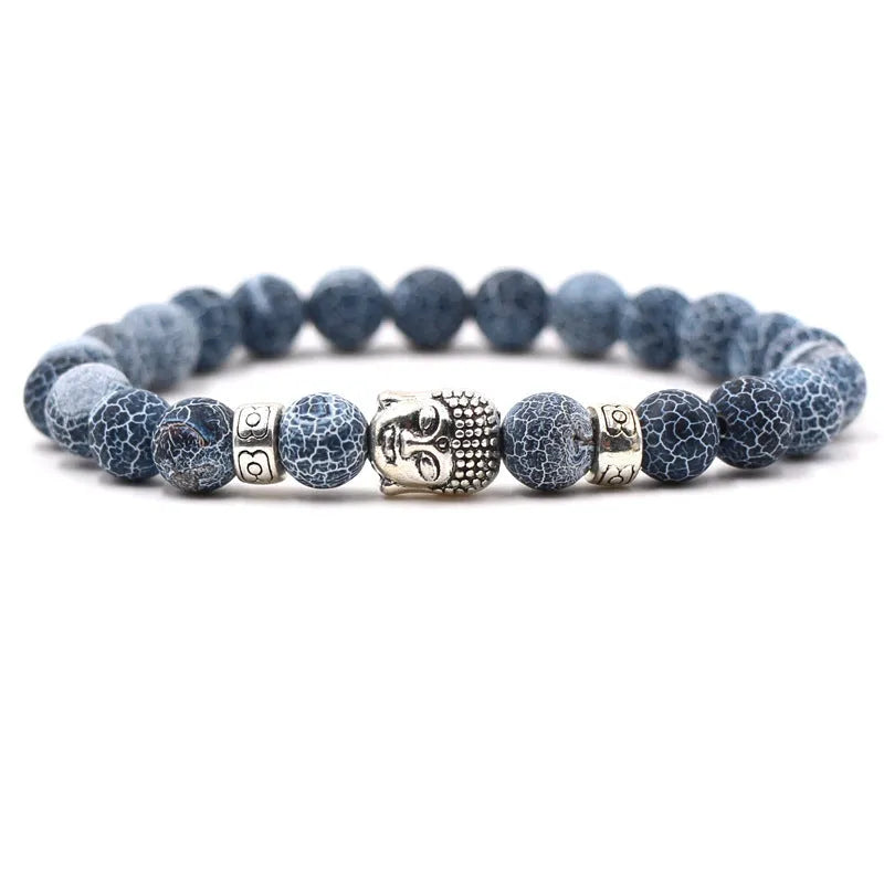 Tigereye Buddha head stretch bracelet with natural stone beads on wrist