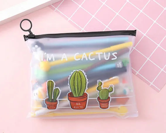 Marvel cartoon cactus-themed plastic pen case open to show 20 black 0.5mm ballpoint pens inside.