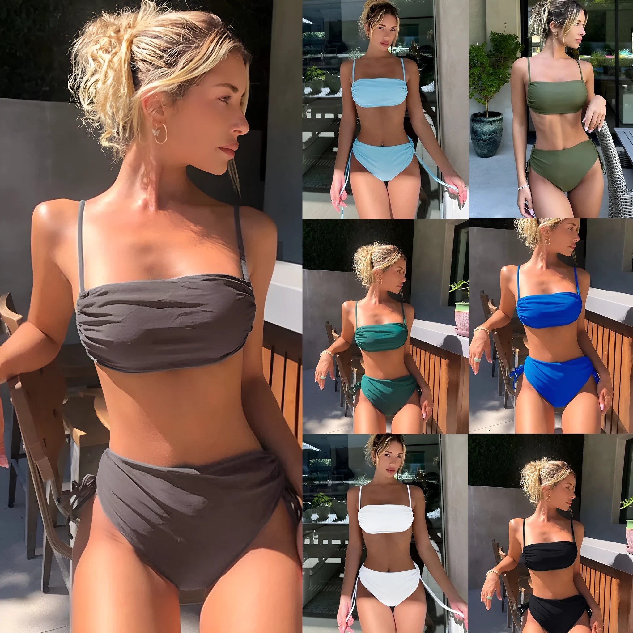 Solid colour women's nylon bikini two-piece set with polyester lining in brief style for swimming